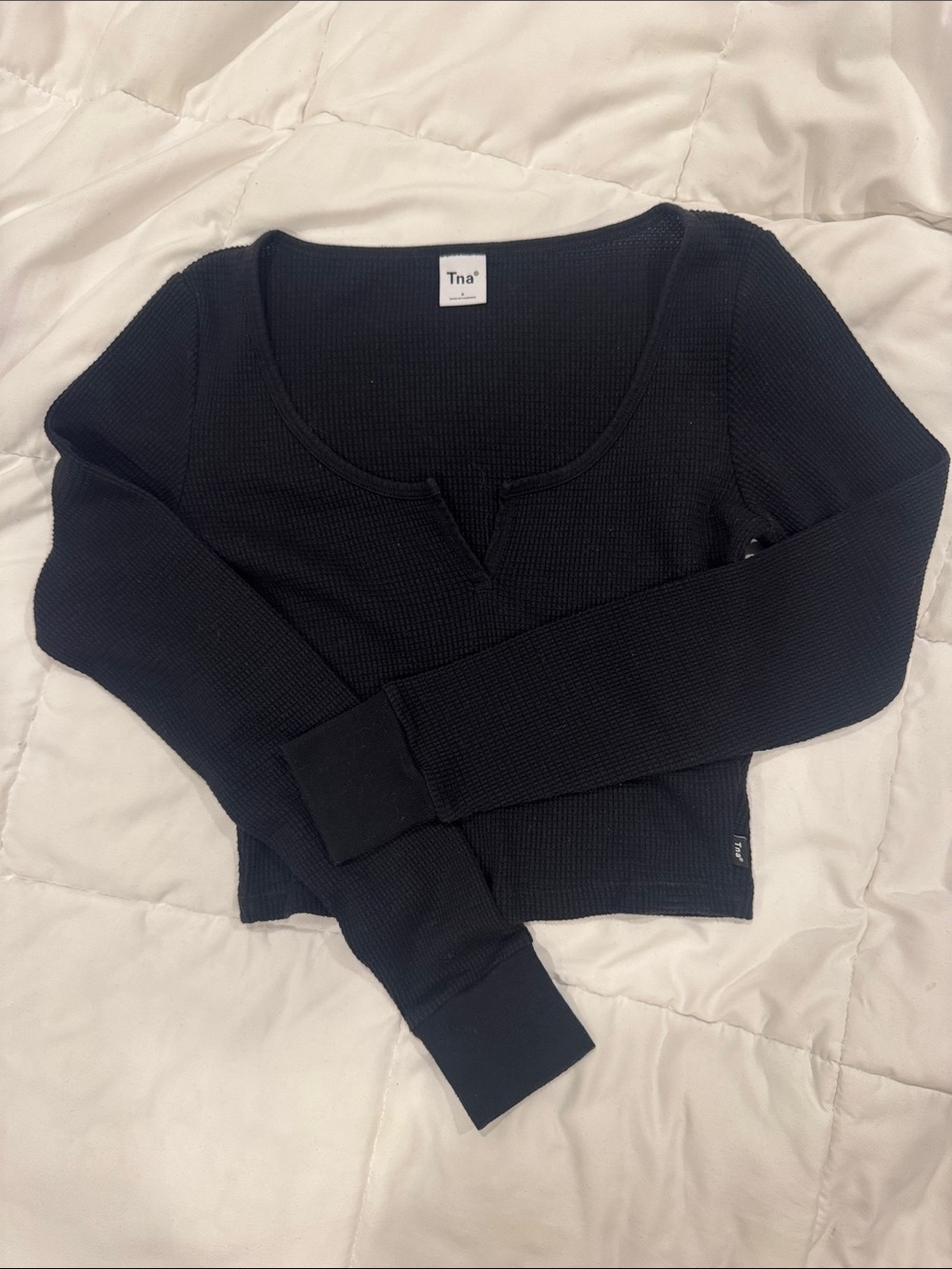 TNA Black Waffle Knit Square Notch Long Sleeve Top